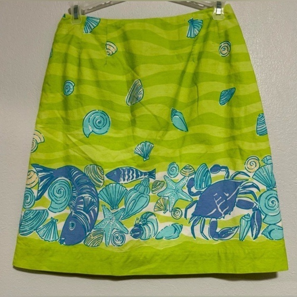 Lilly Pulitzer Womens Size 2 Skirt Green Blue Seashell‎ Crab Fish Print ALine